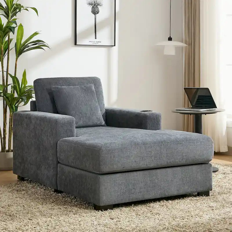 Chaise longue extragrande de chenilla con estación de carga y portavasos