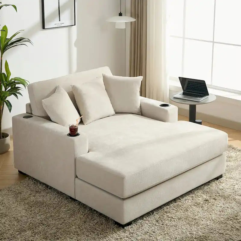 Chaise longue extragrande de chenilla con estación de carga y portavasos