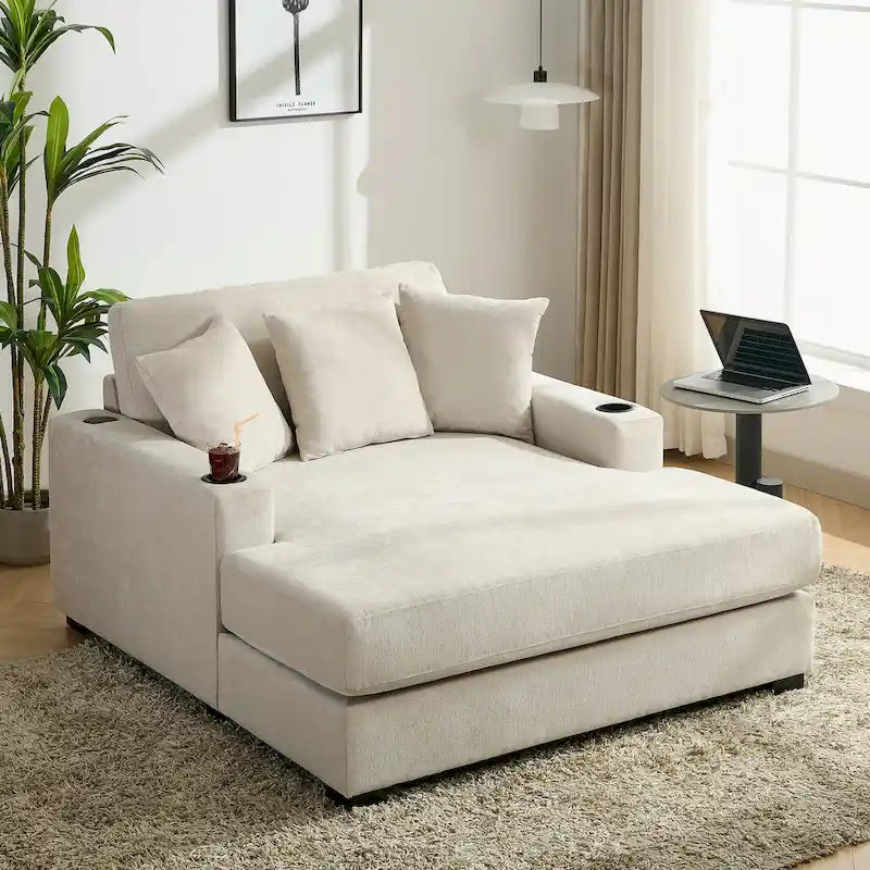 Chaise longue extragrande de chenilla con estación de carga y portavasos