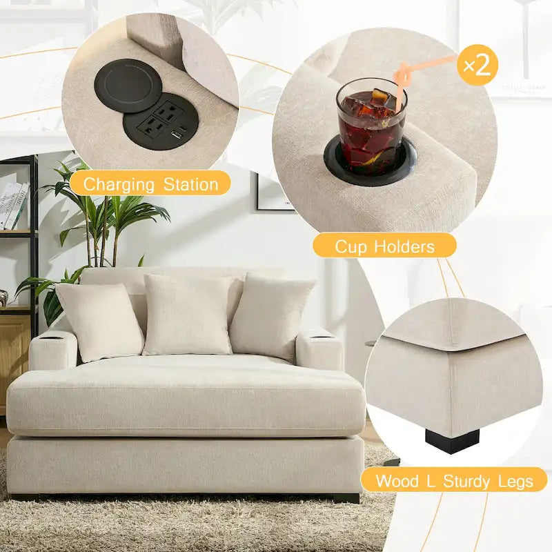 Chaise longue extragrande de chenilla con estación de carga y portavasos