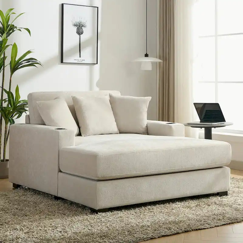 Chaise longue extragrande de chenilla con estación de carga y portavasos