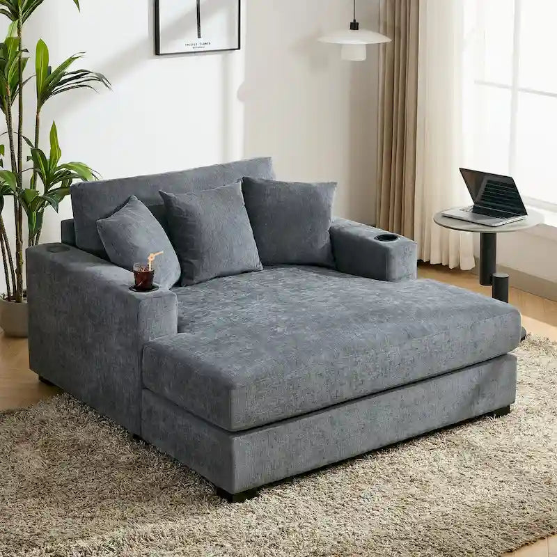 Chaise longue extragrande de chenilla con estación de carga y portavasos