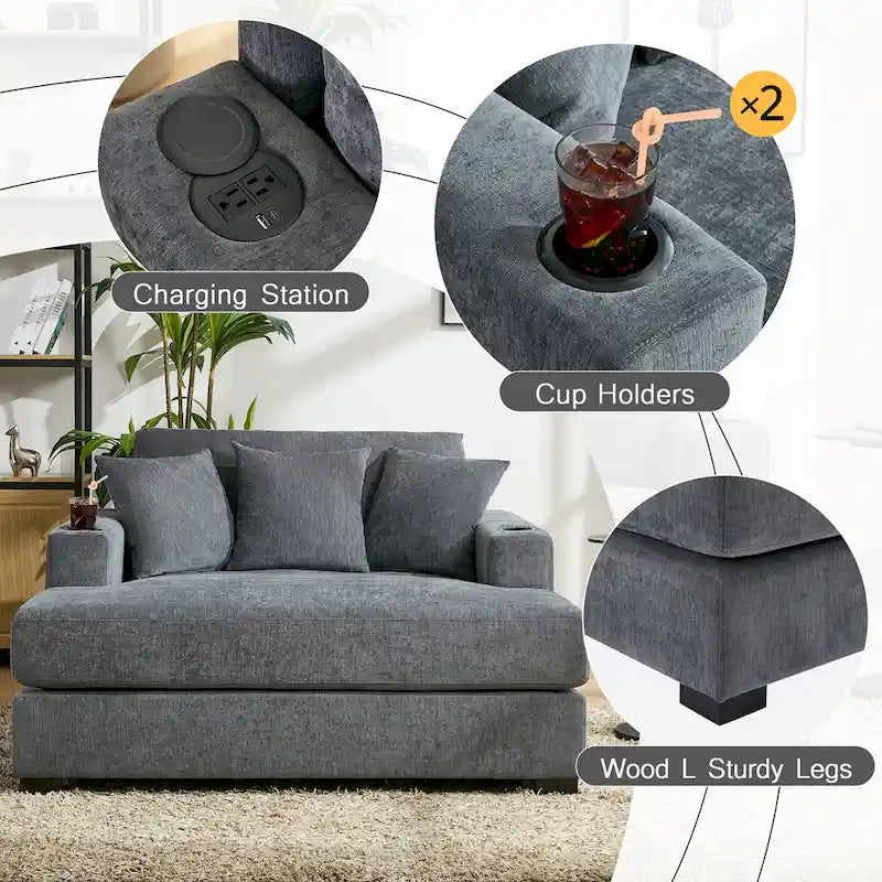 Chaise longue extragrande de chenilla con estación de carga y portavasos
