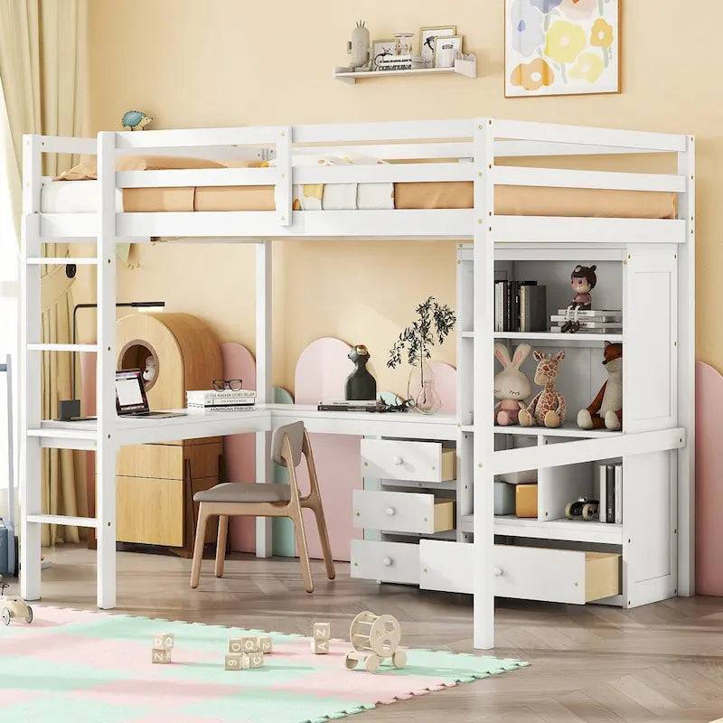 Cama alta tamaño Full con escritorio en forma de L, estantes y 4 cajones