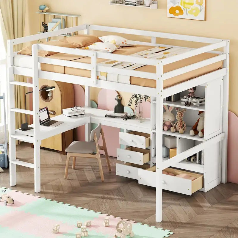 Cama alta tamaño Full con escritorio en forma de L, estantes y 4 cajones