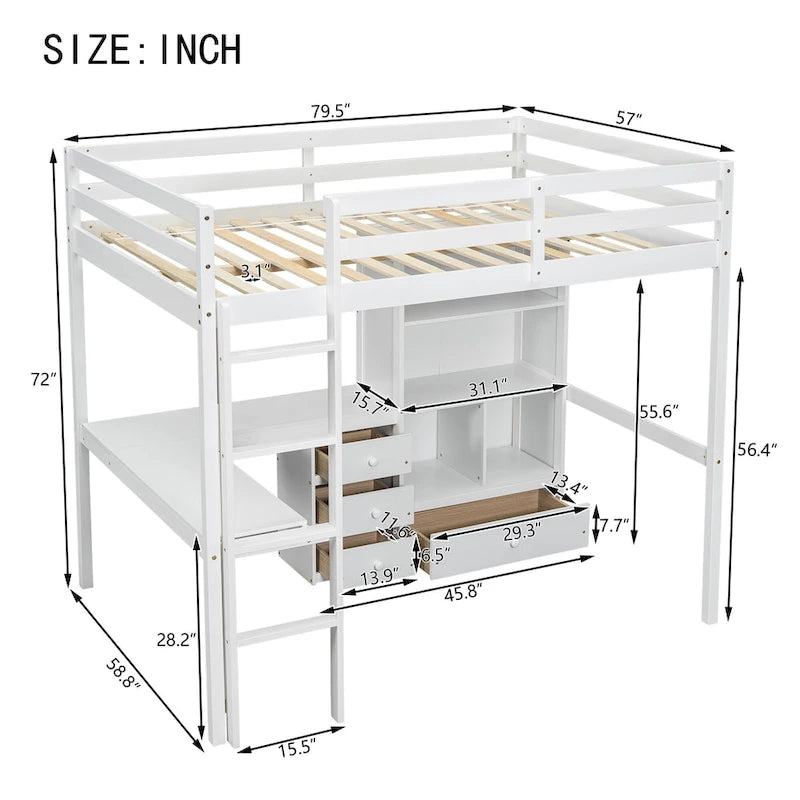 Hochbett in Full-Größe mit L-förmigem Schreibtisch, Regalen und 4 Schubladen