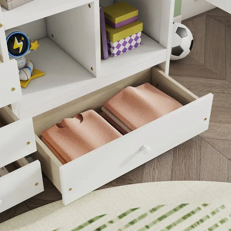 Hochbett in Full-Größe mit L-förmigem Schreibtisch, Regalen und 4 Schubladen