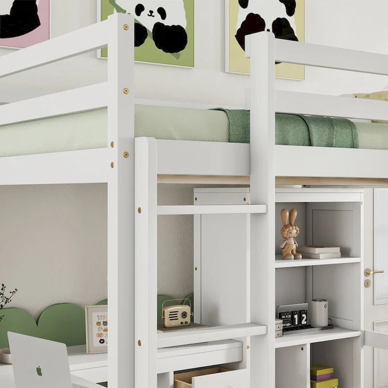 Hochbett in Full-Größe mit L-förmigem Schreibtisch, Regalen und 4 Schubladen
