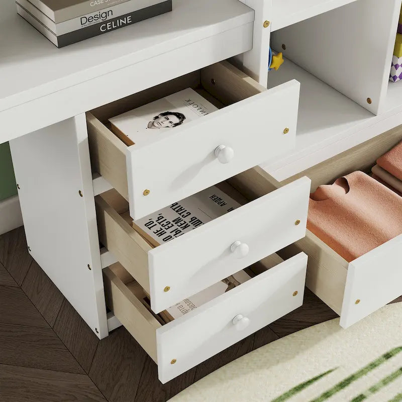 Hochbett in Full-Größe mit L-förmigem Schreibtisch, Regalen und 4 Schubladen