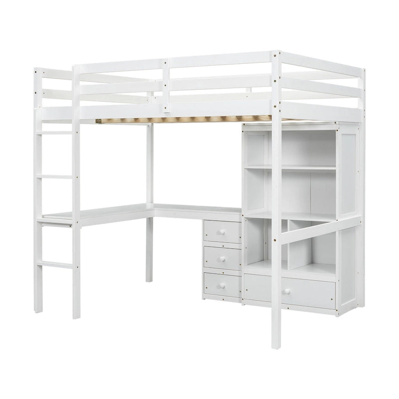 Hochbett in Full-Größe mit L-förmigem Schreibtisch, Regalen und 4 Schubladen