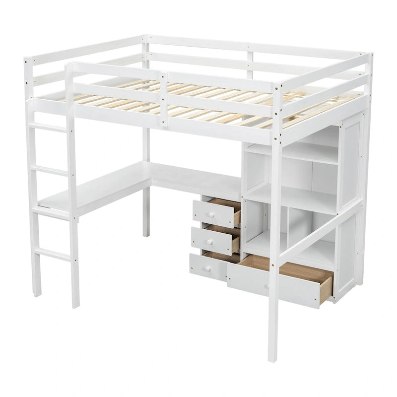 Hochbett in Full-Größe mit L-förmigem Schreibtisch, Regalen und 4 Schubladen