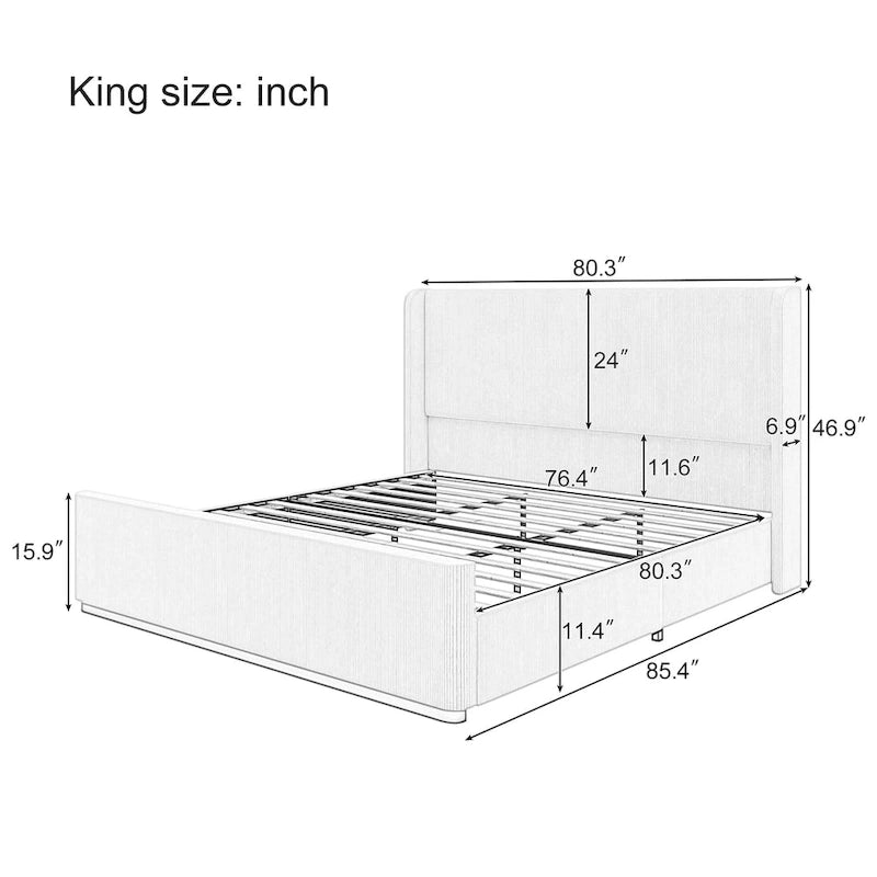 Cama de plataforma tapizada tamaño King de pana con cabecero alto con alas