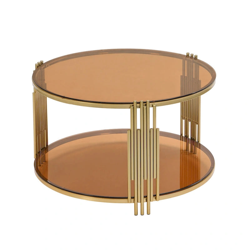 Mesa de centro de vidrio templado marrón con base y estante de metal dorado