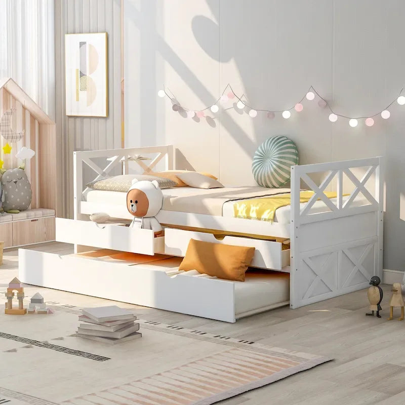 Diván individual de madera de pino con 2 cajones y cama nido