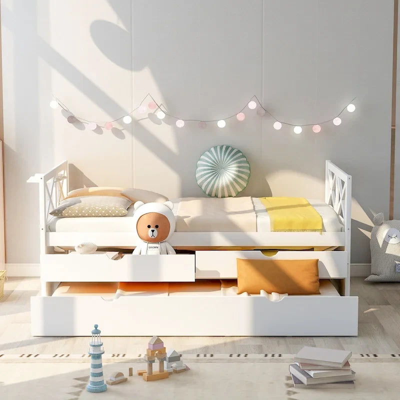 Diván individual de madera de pino con 2 cajones y cama nido