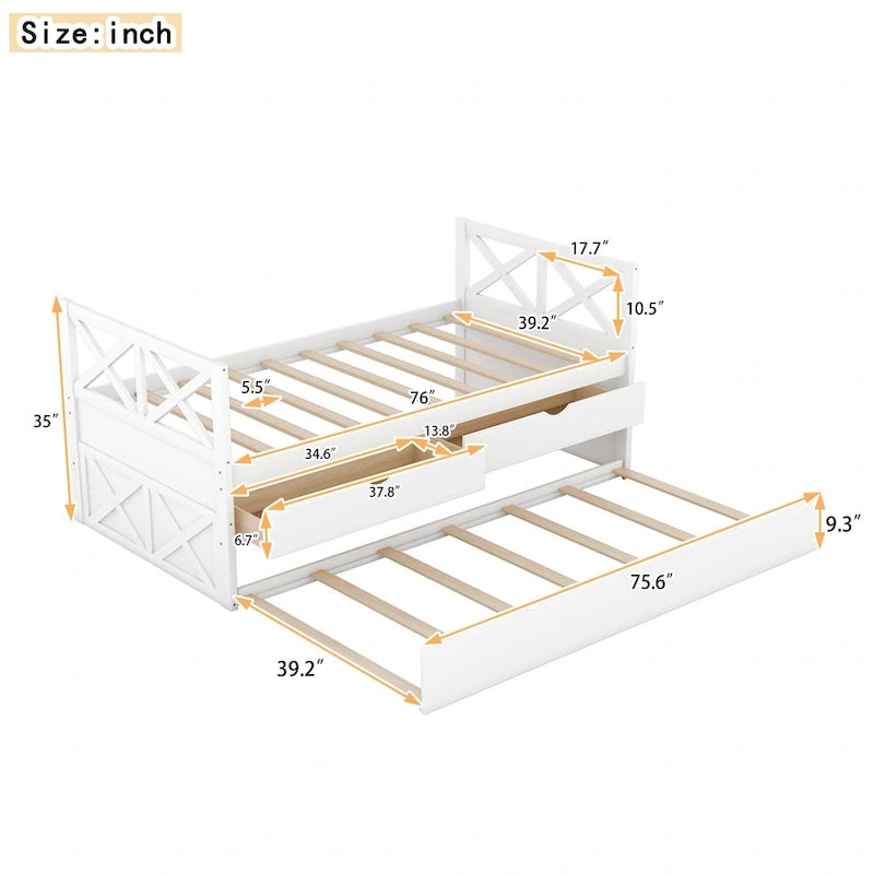 Diván individual de madera de pino con 2 cajones y cama nido