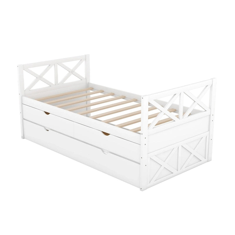 Diván individual de madera de pino con 2 cajones y cama nido