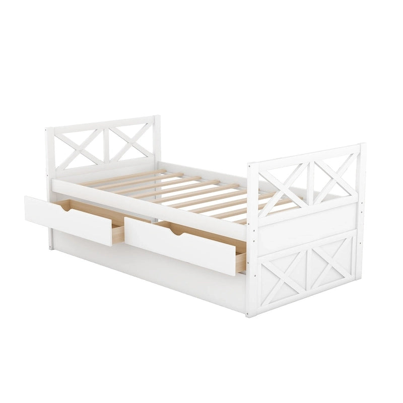 Diván individual de madera de pino con 2 cajones y cama nido