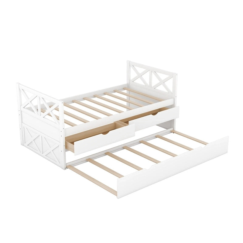 Diván individual de madera de pino con 2 cajones y cama nido
