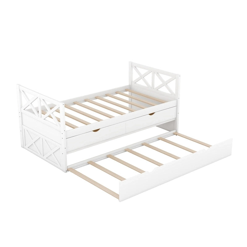 Diván individual de madera de pino con 2 cajones y cama nido