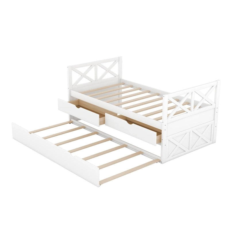 Diván individual de madera de pino con 2 cajones y cama nido