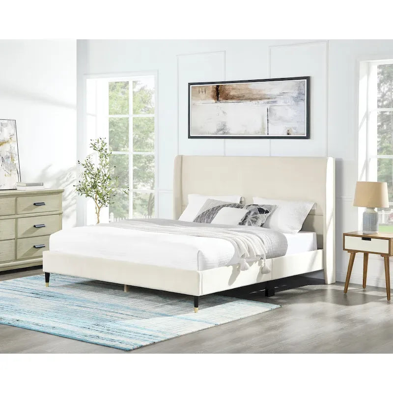 Cama de plataforma tamaño Queen de terciopelo beige con cabecero alto con alas