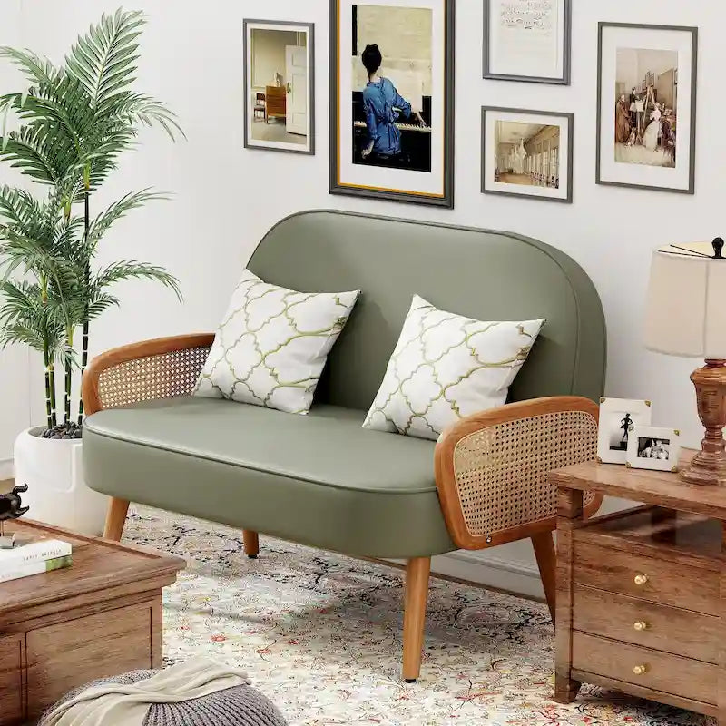 Loveseat compacto de cuero sintético con brazos de ratán y patas de madera