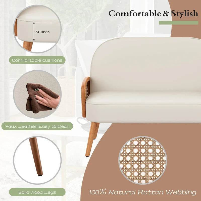 Loveseat compacto de cuero sintético con brazos de ratán y patas de madera