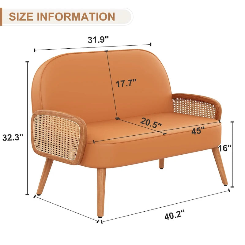 Loveseat compacto de cuero sintético con brazos de ratán y patas de madera