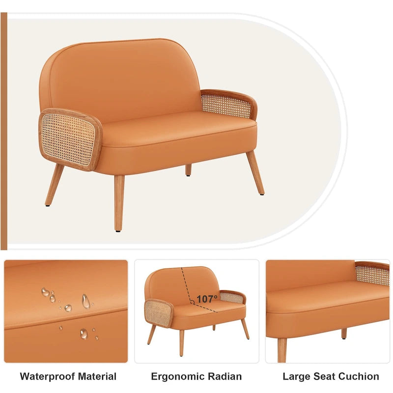 Loveseat compacto de cuero sintético con brazos de ratán y patas de madera