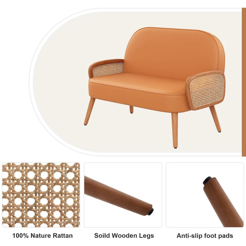 Loveseat compacto de cuero sintético con brazos de ratán y patas de madera