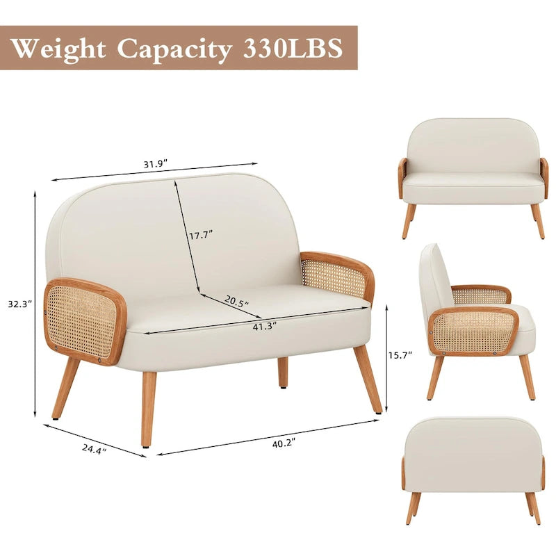 Loveseat compacto de cuero sintético con brazos de ratán y patas de madera