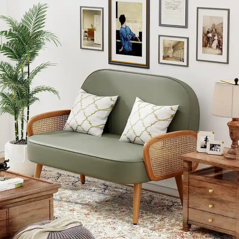 Loveseat compacto de cuero sintético con brazos de ratán y patas de madera