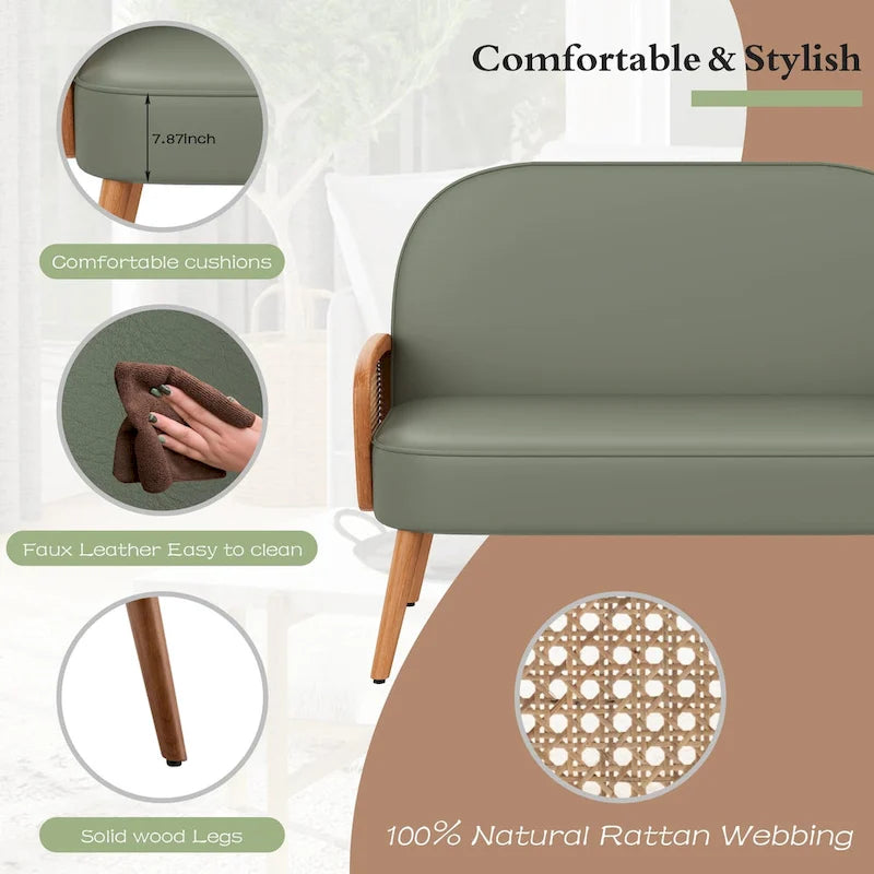 Loveseat compacto de cuero sintético con brazos de ratán y patas de madera