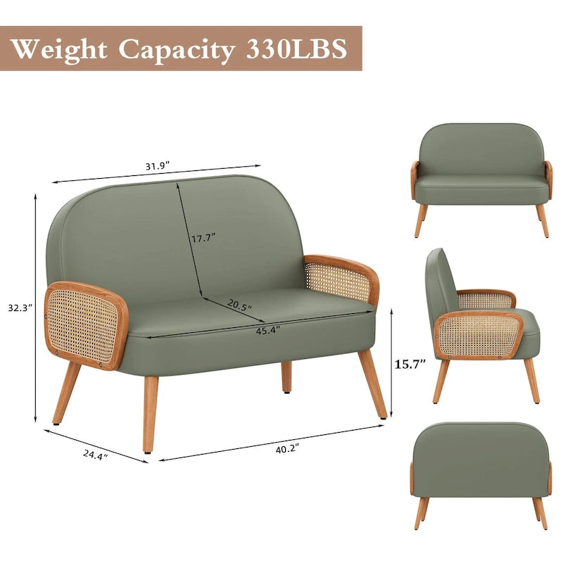 Loveseat compacto de cuero sintético con brazos de ratán y patas de madera