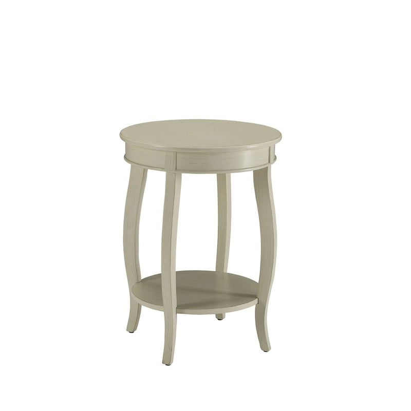 Mesa auxiliar redonda de madera con estante inferior y patas curvas