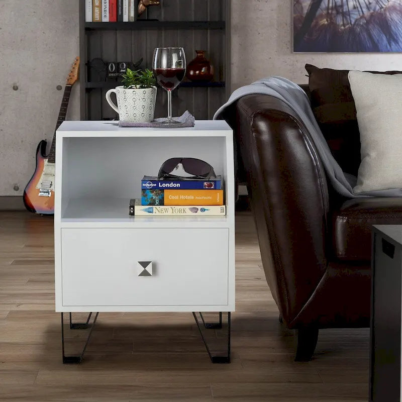 Contemporary 16-inch Side Table with Drawer and Open Shelf