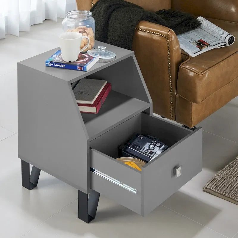 Contemporary 16-inch Side Table with Drawer and Open Shelf
