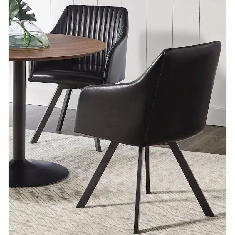 Silla de comedor giratoria de cuero sintético negro con base metálica