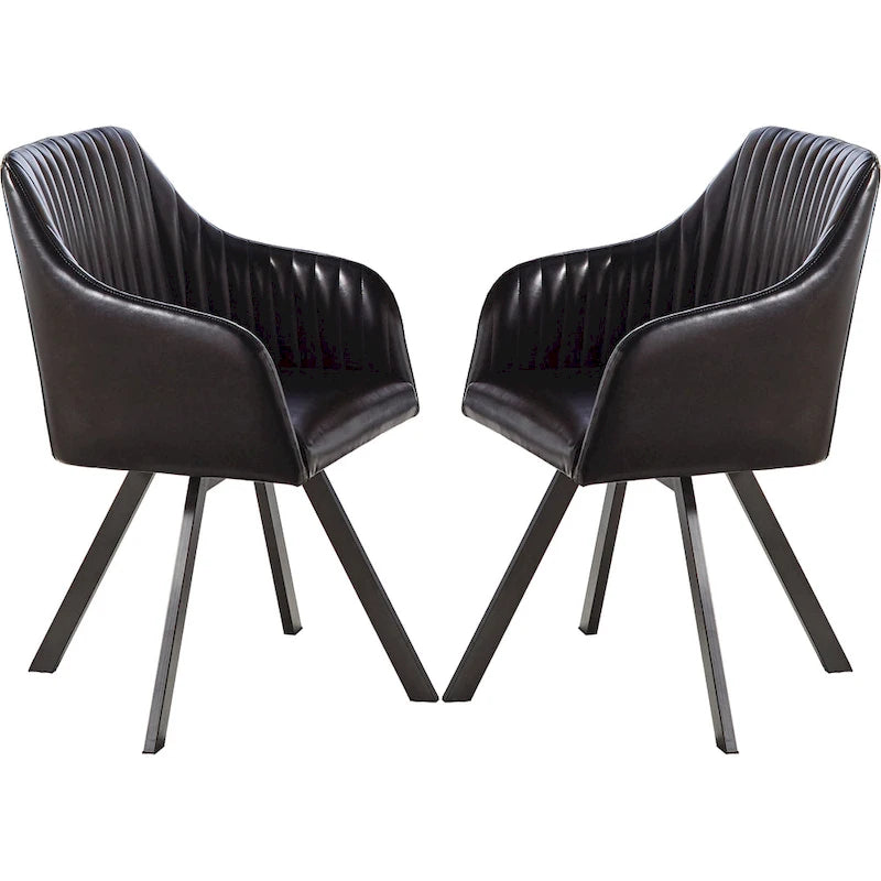 Silla de comedor giratoria de cuero sintético negro con base metálica