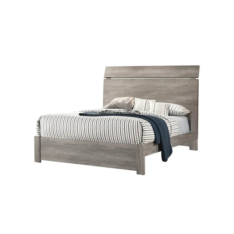 Cama de madera gris envejecida con veta visible y cabecero curvo