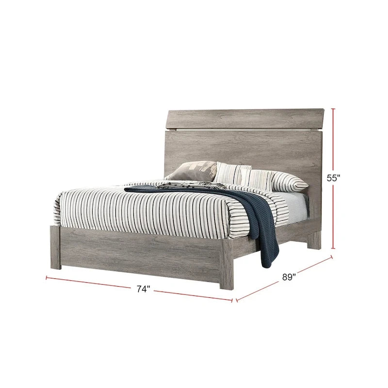 Bett aus verwittertem Holz mit Maserung und geschwungenem Kopfteil