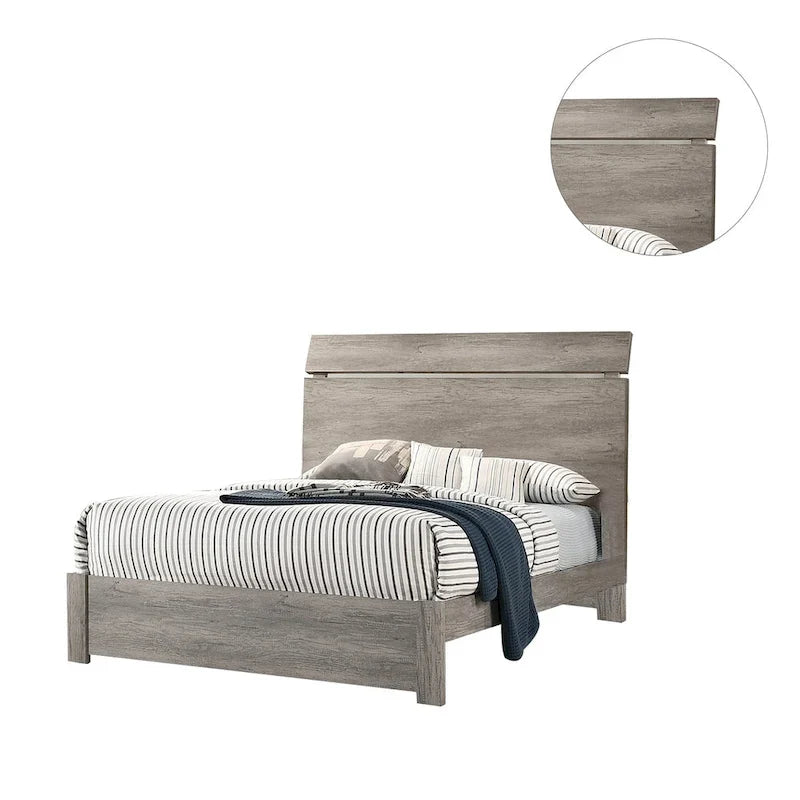 Bett aus verwittertem Holz mit Maserung und geschwungenem Kopfteil