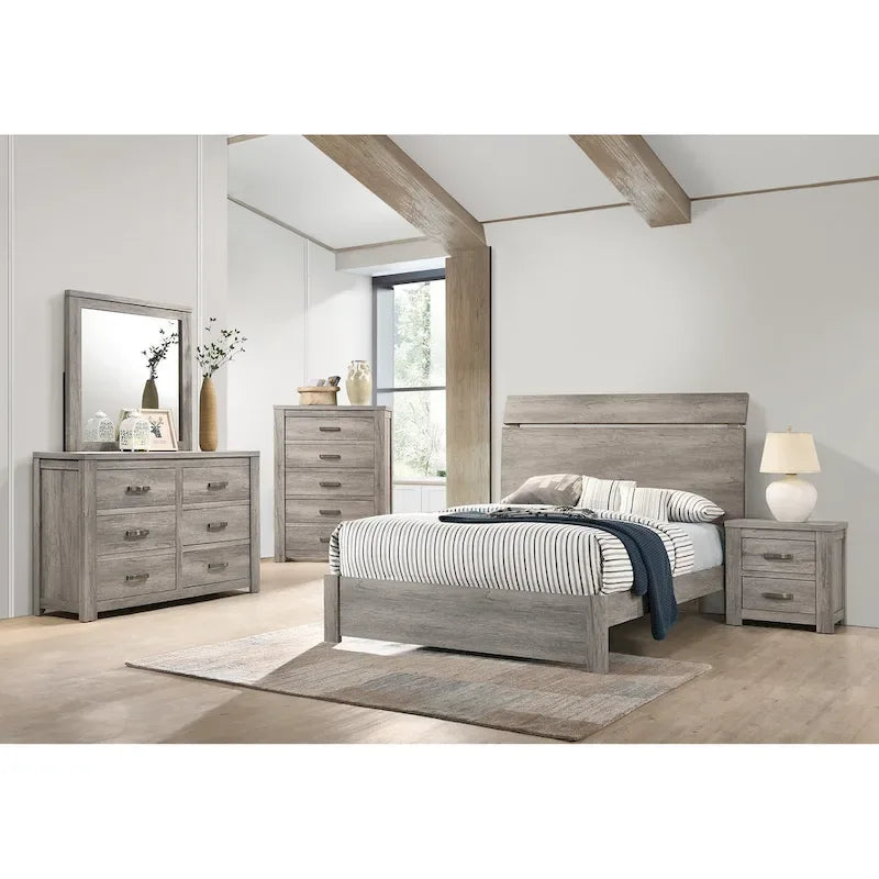 Bett aus verwittertem Holz mit Maserung und geschwungenem Kopfteil