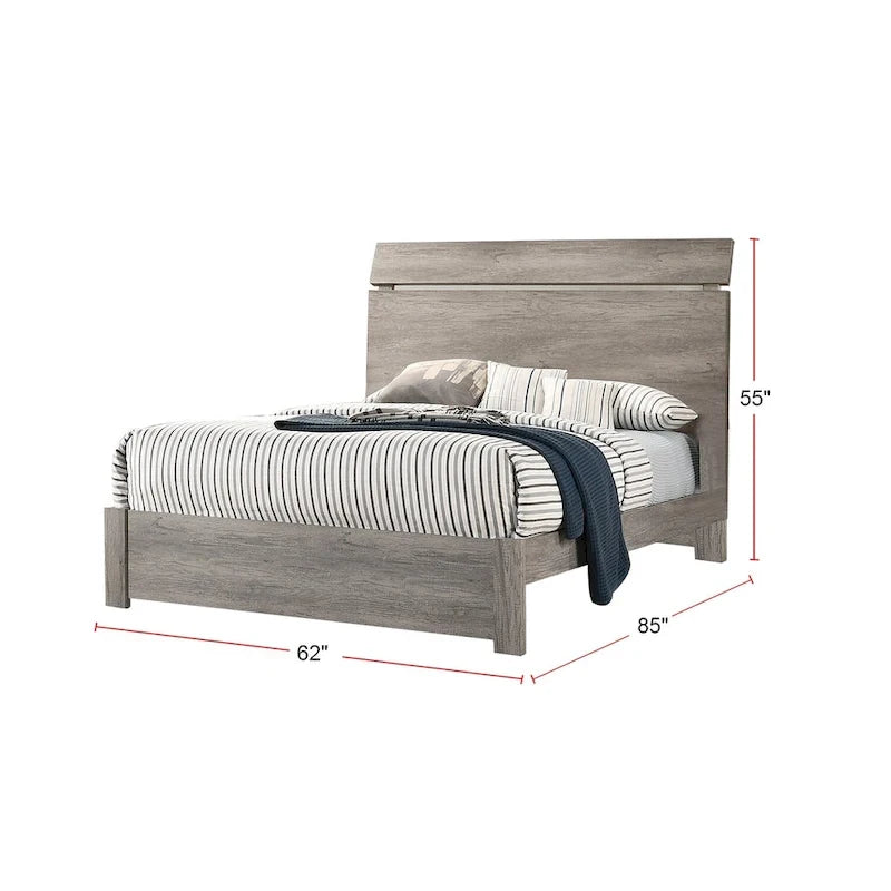Bett aus verwittertem Holz mit Maserung und geschwungenem Kopfteil