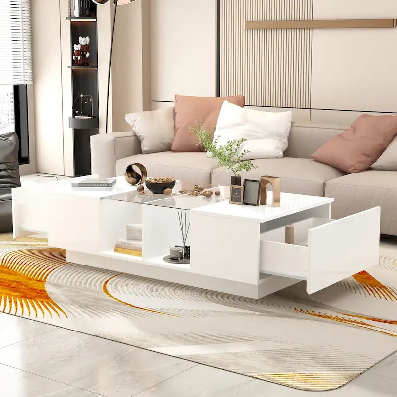 Mesa de centro de alto brillo con iluminación LED y almacenamiento