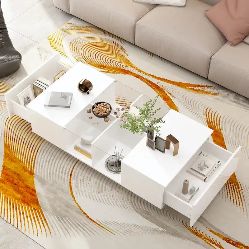 Mesa de centro de alto brillo con iluminación LED y almacenamiento