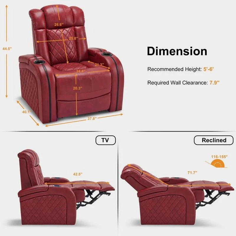 Sillón reclinable eléctrico para cine en casa con reposacabezas ajustable, USB y luces LED