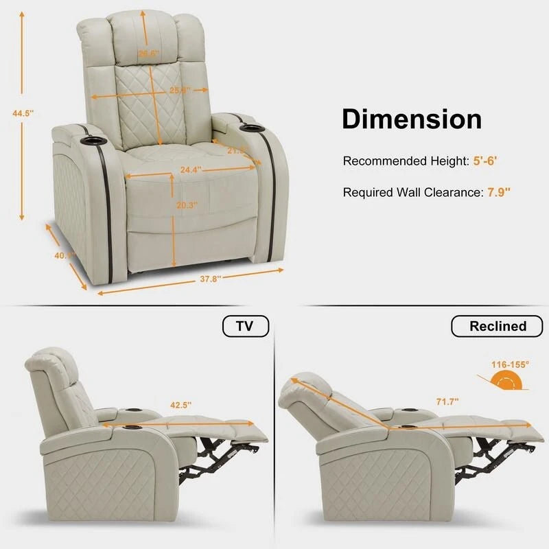 Power Theater Recliner with Adjustable Headrest, USB and LED Lights