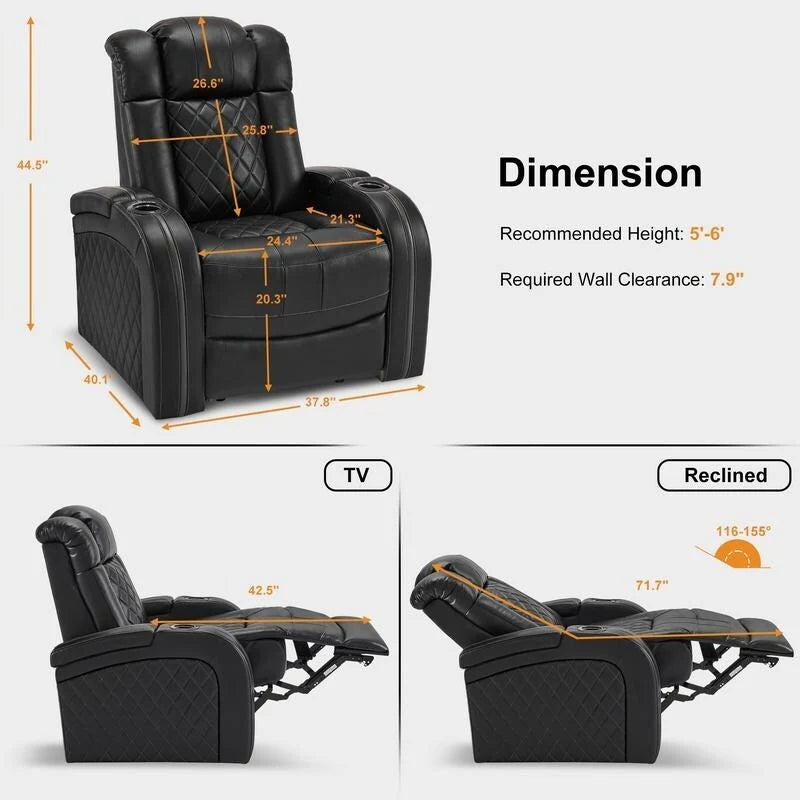 Power Theater Recliner with Adjustable Headrest, USB and LED Lights